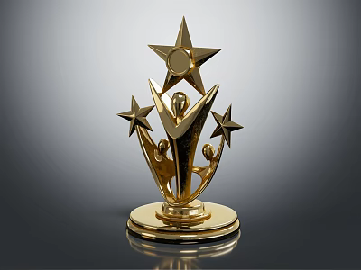 Shiny Golden Trophy Featuring Large Star And Two Small Stars With Human Figures On Base 3d model