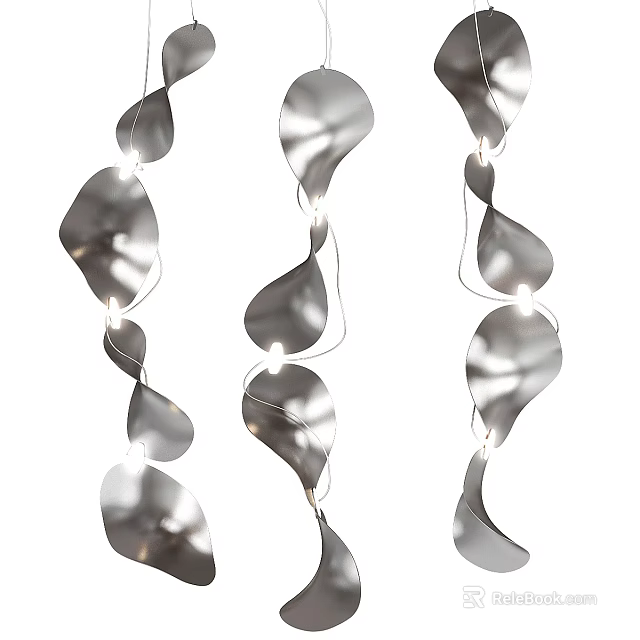 Modern Silver Wavy Metal Leaf Shaped Hanging Chandelier With Decorative Lights 3d model 