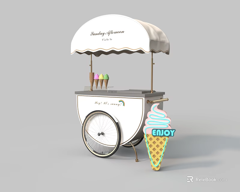 Mobile Ice Cream Cart With Sweetie Dreams Canopy Ice Cream Cones And ENJOY Sign 3d model 