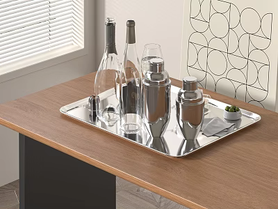 Green Appetizers On Silver Tray With Wine Bottles Glassware And Cocktail Shakers On Wooden Table 3d model