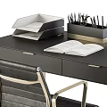 Black Office Desk Metal Frame Leather Chair Open Notebook Pen Holder Table Lamp Dried Plant