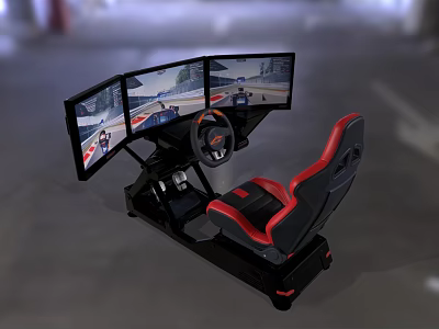 Amusement Equipment with Three Screens Steering Wheel and Red Black Seat for Simulation Driving Experience 3d model
