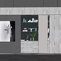 Modern Decorative Cabinet With Open Shelves And Artwork On Dark Wall