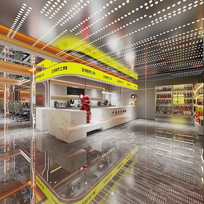Modern Internet Cafe Interior With Marble Reception Red Decor Seating And Beverage Shelves 3d model