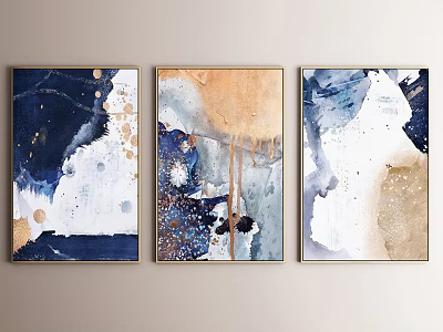Framed Abstract Paintings With Navy Blue Beige White And Gold Dripping Splatter Details 3d model