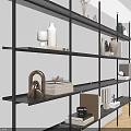 Modern Black Metal Shelving Unit With Decorative Vases Books And Ornaments In Interior Space