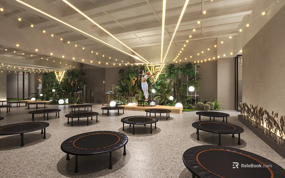 Indoor Fitness Center With Trampolines And Lush Greenery 3d model 
