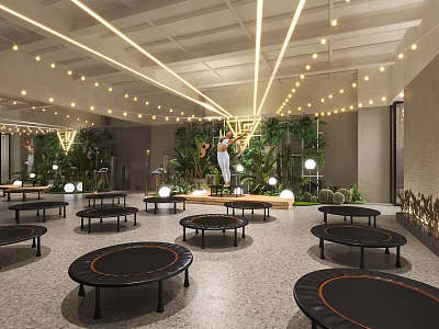 Indoor Fitness Center With Trampolines And Lush Greenery 3d model