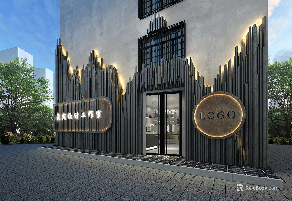 Modern Shower Sauna Exterior Design With Vertical Stripes And Elegant Lighting 3d model 