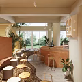 Warm Cafe Interior Design With Central Bar Counter Wooden Tables Green Plants And Circular Windows