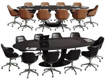 Modern Office Conference Tables With Round Oval Shapes And Brown Black Chairs 3d model