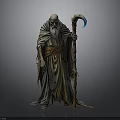 Old Man With Bald Head Long Beard Wearing Robe Holding Staff With Blue Crescent