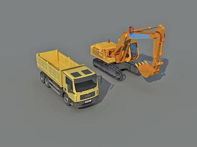 Yellow Heavy Duty Utility Vehicles With Dump Truck And Excavator For Construction 3d model