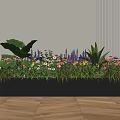 Colorful Flowers And Green Plants In Rectangular Planter With Light Striped Wall And Wooden Floor