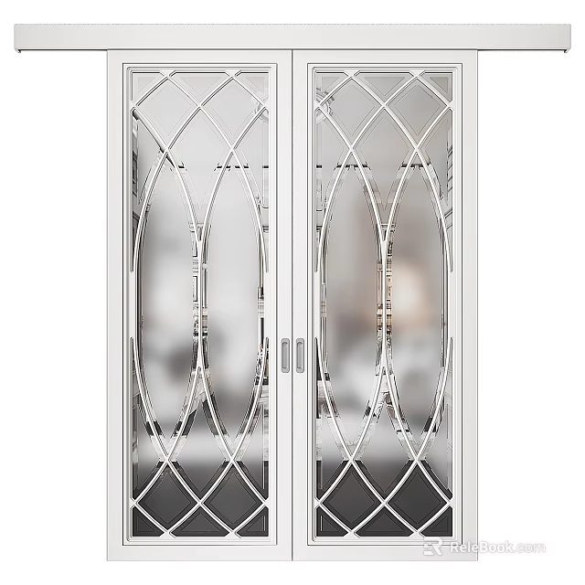 Decorative Double Doors Glass Panel Arched White Frame Diamond Grid Design Interior Home 3d model