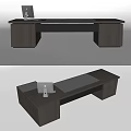 Modern Dark Wood Office Desk With Computer Monitor And Spacious Work Surface