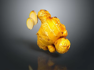 Whole Fresh Ginger Root With Sliced Pieces On Gray Background 3d model