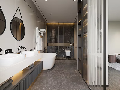 Modern Bathroom Interior Design with Double Vanities Round Mirrors Bathtub And Storage Cabinets 3d model