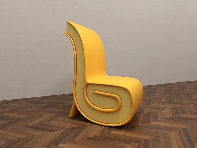 Yellow Modern Accent Chair With Unique Curved Design On Wooden Floor And Gray Wall 3d model
