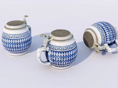 Traditional Blue And White Beer Mugs With Diamond Pattern Lids And Handles 3d model