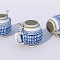 Traditional Blue And White Beer Mugs With Diamond Pattern Lids And Handles