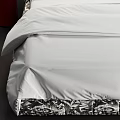 Double Bed with Black White Patterned Headboard White Sheets and Red Round Nightstands 3d model