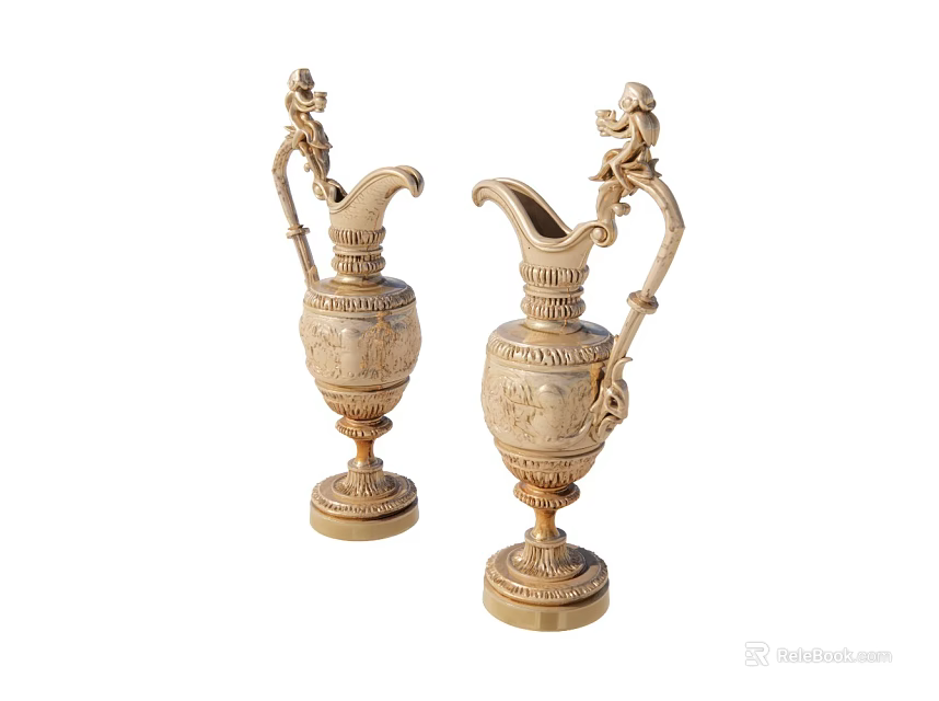 Pair of Ornate Golden Decorative Pitchers With Intricate Carvings And Sculpted Handles 3d model 
