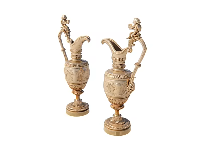 Pair of Ornate Golden Decorative Pitchers With Intricate Carvings And Sculpted Handles 3d model