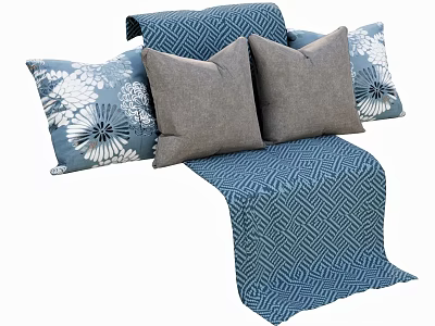 Blue and Gray Decorative Pillows with Floral Patterns and Geometric Blanket 3d model