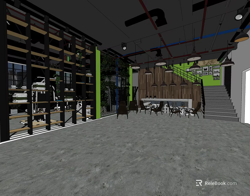 Modern Industrial Lounge Area With Wooden Tables Green Plants And Stairs 3d model 