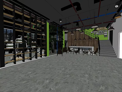 Modern Industrial Lounge Area With Wooden Tables Green Plants And Stairs 3d model