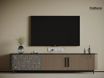 Modern TV Stand Design With Wall Mounted Flat Screen TV And Decorative Vase 3d model