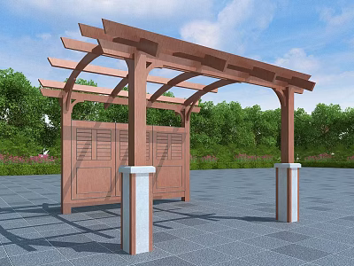 Wooden Pergola With White And Brown Columns Lattice Roof Surrounded By Green Trees 3d model