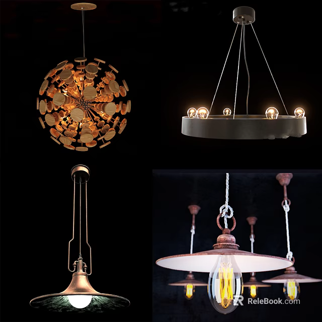 Diverse Design Chandeliers With Vintage Metal Frames Wooden Accents And Exposed Bulbs 3d model 