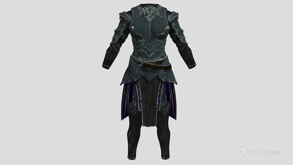 Black Metal Armor With Decorative Details Leather Belt And Purple Accents 3d model 