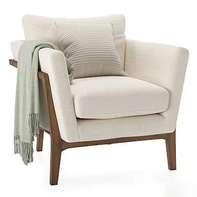 Beige Single Sofa With Wooden Frame Striped Pillow And Throw Blanket 3d model