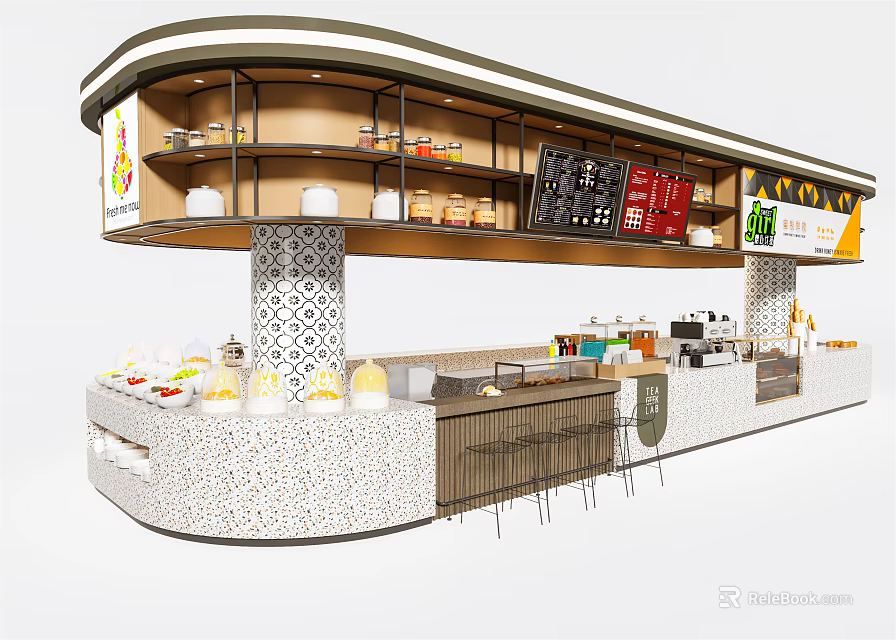 Modern Restaurant Bar Counter With Curved Design Food Display And Bar Stools 3d model 