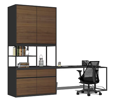 Modern Brown Wooden Office Desk With Open Shelves Cabinet And Mesh Chair 3d model