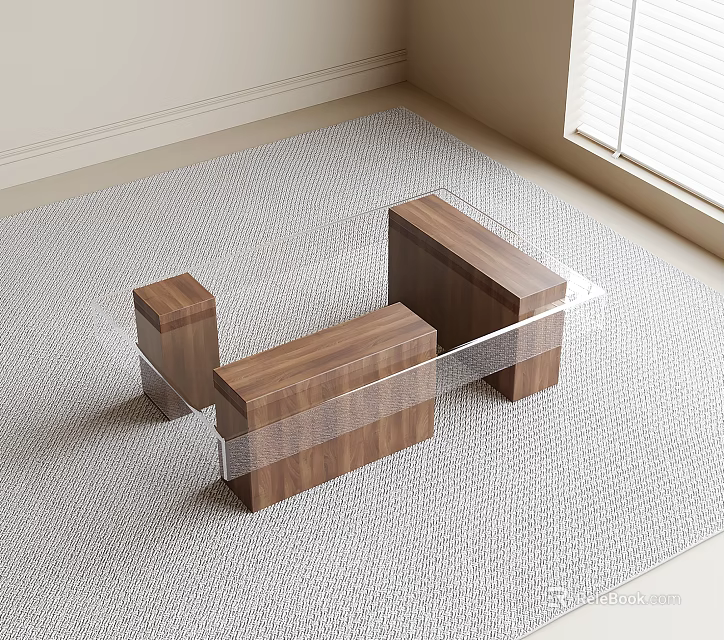 Modern Coffee Table With Wooden Blocks And Transparent Acrylic Top 3d model 
