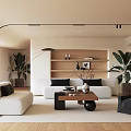 Modern Living Room Interior With White Sofa Black Cushions Wooden Coffee Table And Green Plants