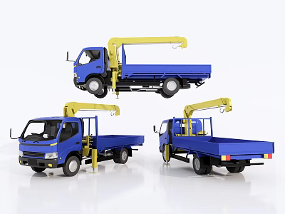 Blue Functional Utility Truck Featuring Yellow Crane Arm In Multiple Angles 3d model
