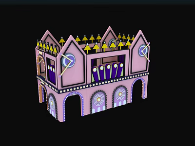 Pink Castle Shaped Playground Equipment with Yellow Spires Arched Doors and Purple Accents 3d model