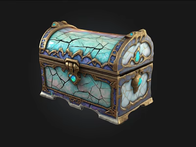 Ornate Decorative Chest With Cracked Blue Teal Surface Golden Accents And Gemstone Embellishments 3d model