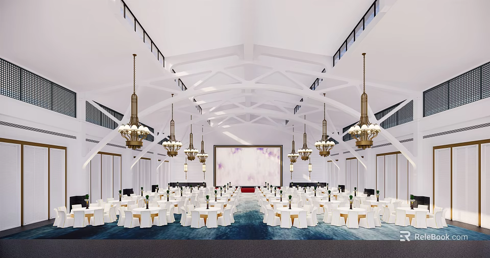 Elegant Banquet Hall Interior With White Ceiling Chandeliers And Neatly Arranged Tables 3d model 