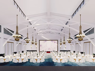 Elegant Banquet Hall Interior With White Ceiling Chandeliers And Neatly Arranged Tables 3d model