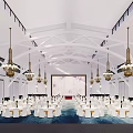 Elegant Banquet Hall Interior With White Ceiling Chandeliers And Neatly Arranged Tables