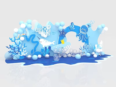 Blue Marine Themed Photo Check In Spot With Octopus Coral And Bubbles Decorations 3d model