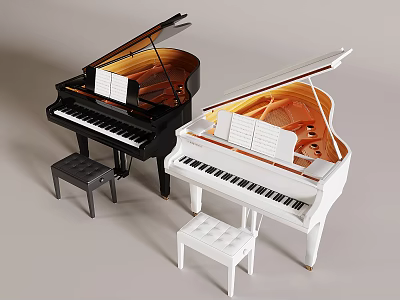 Piano Room Interior Showcasing Black And White Grand Pianos With Matching Stools 3d model