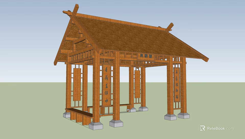 Traditional Wooden Pavilion Featuring Classic Tile Roof Ornate Columns And Stone Bases 3d model 