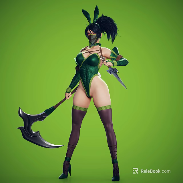 Game Movie Character in Green Tight Outfit with Mask and Black Hair Holding Large Scythe 3d model 